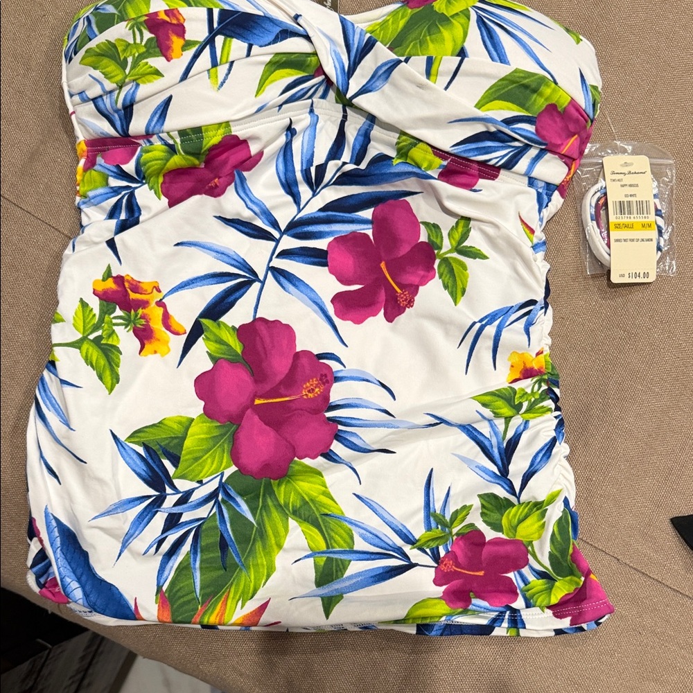 Tommy Bahama White Floral Strapless Swim Top with Pink & Green Tropical Print